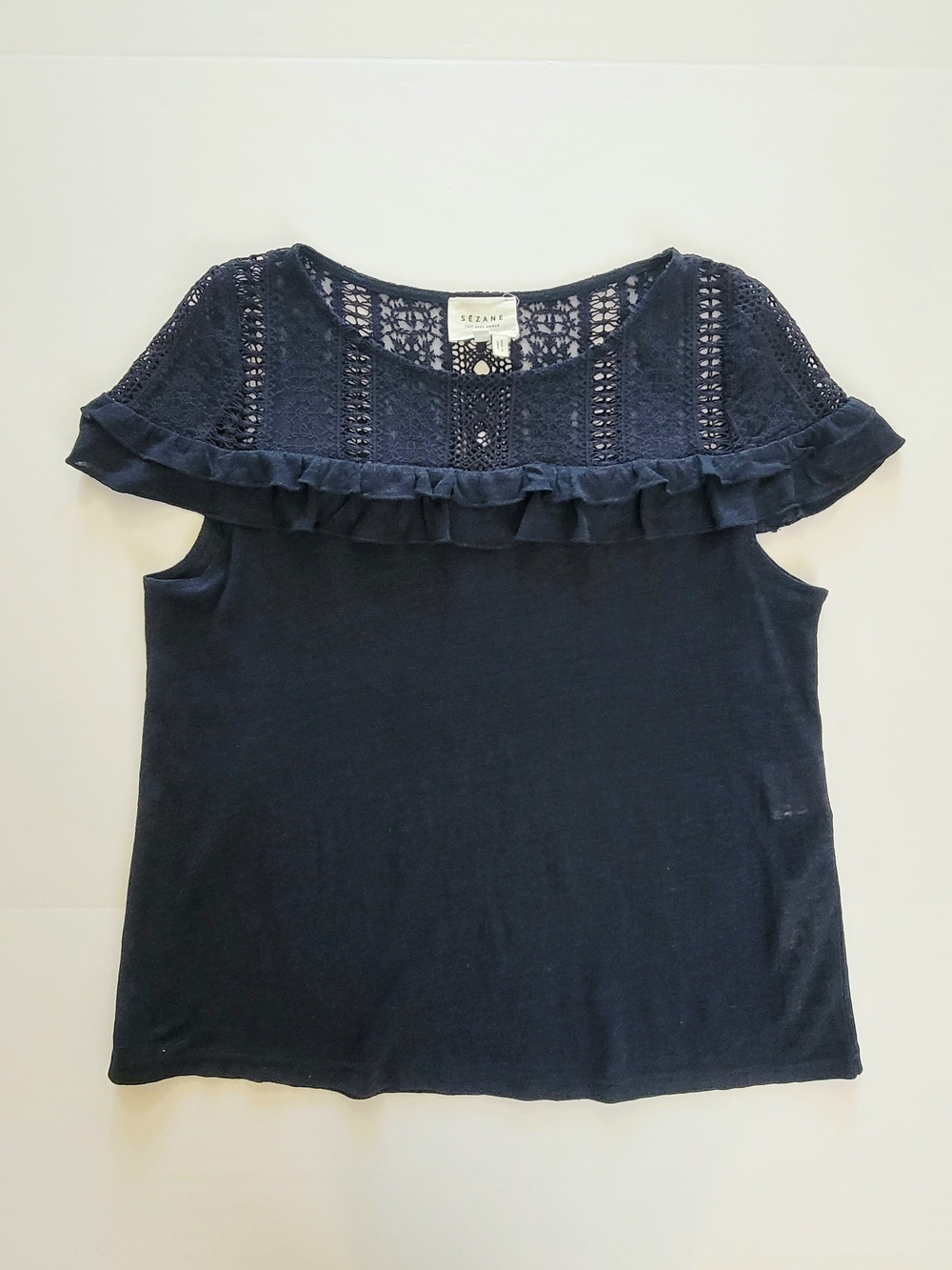 Sezane Lucette 100% Linen Lace and Ruffle T-shirt Top, Navy, Size M - Picture 3 of 9